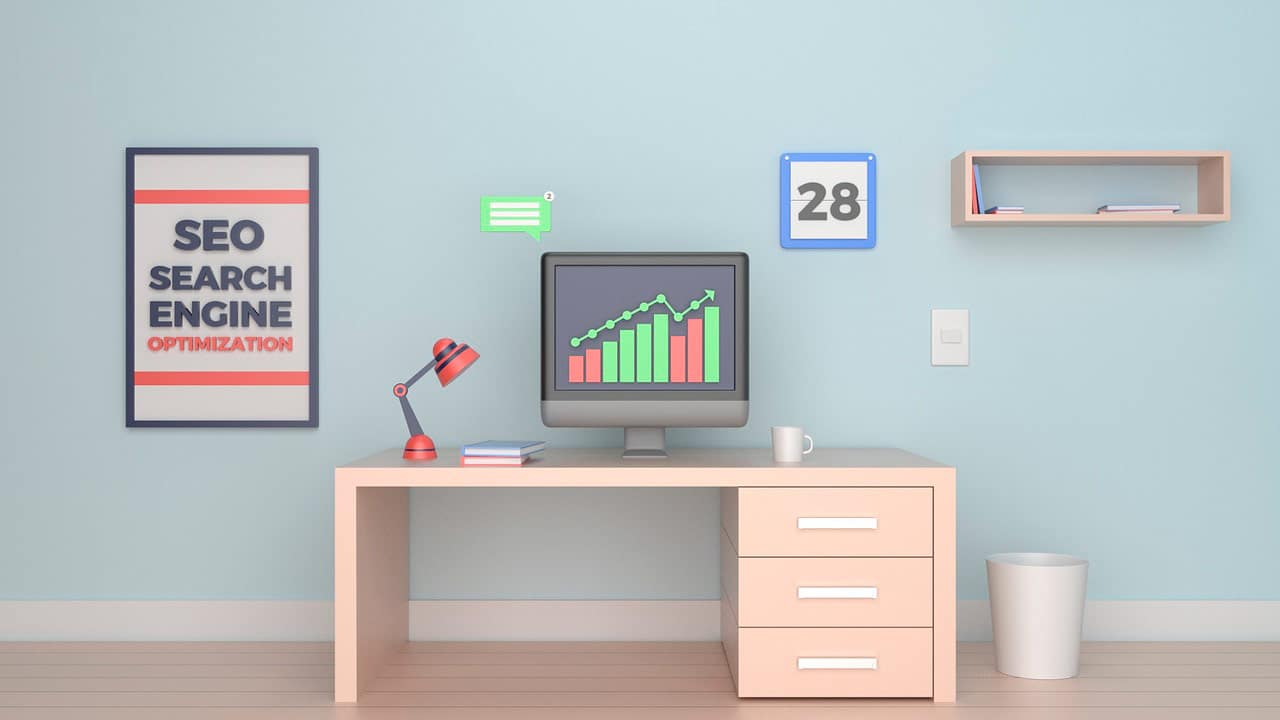 a table with a computer and with the post on the left side about seo. On the computer is website analysis to see the benefits of seo for a website.